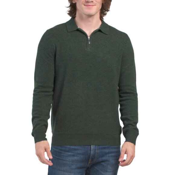 LACHLAN Forest Merino Wool And Cashmere Blend Zip Neck Polo Sweater - Picture 1 of 2